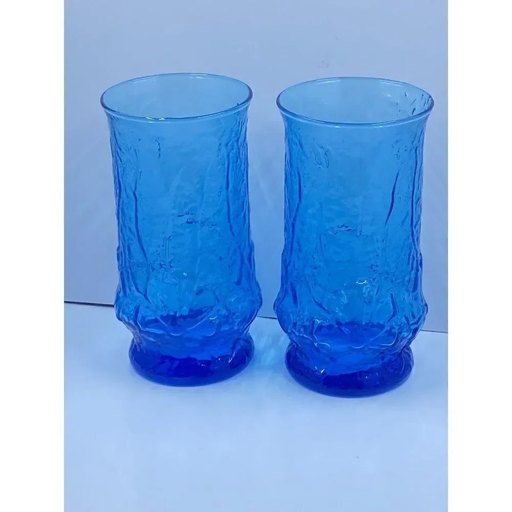 Vintage Anchor Hocking Blue Rain flower 12 oz Glass Tumblers 5 1/2
